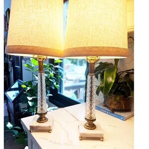 Rare Pair of Vintage Cut Crystal, Brass & Marble Table Lamps | Hollywood Regency